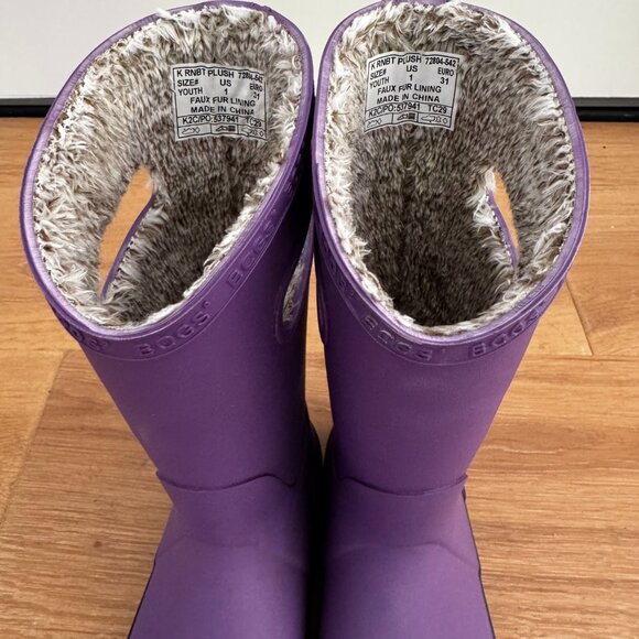 Bogs Kids Waterproof Plush Rain Boots Purple - Barely Worn - Fuzzy Warm size 1 - Picture 2 of 13